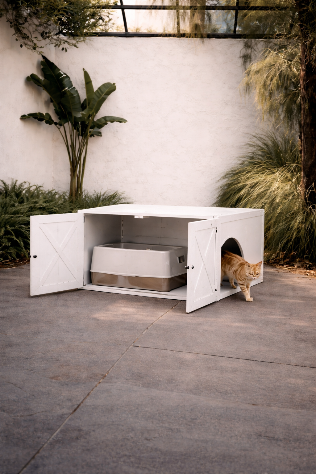 Mueble Arenero para Gatos con Puerta de Granero – Diseño Minimalista Blanco