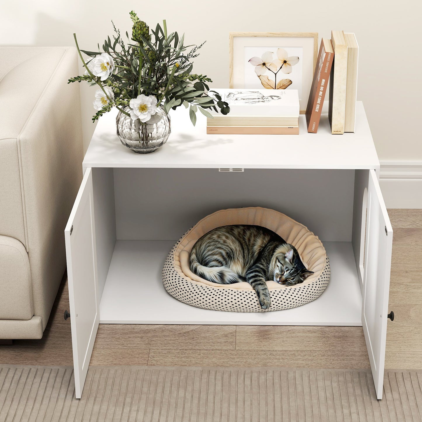 Mueble Arenero para Gatos con Puerta de Granero – Diseño Minimalista Blanco