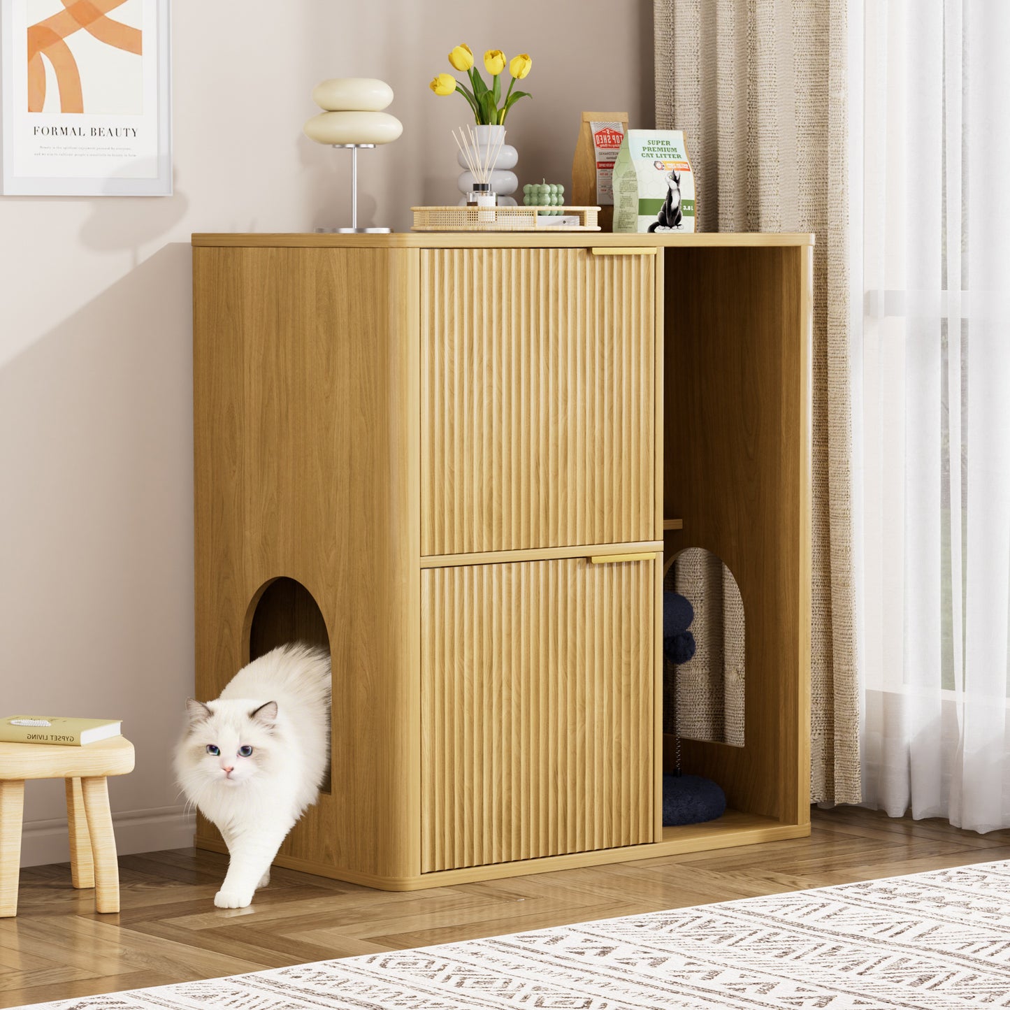 Mueble Arenero para Gatos con Árbol Integrado - Madera Natural
