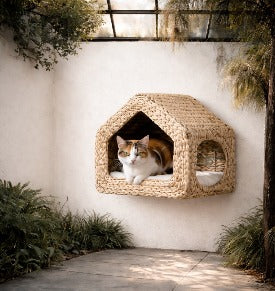 Casita de Pared para Gatos – Diseño Natural en Mimbre con Cojín