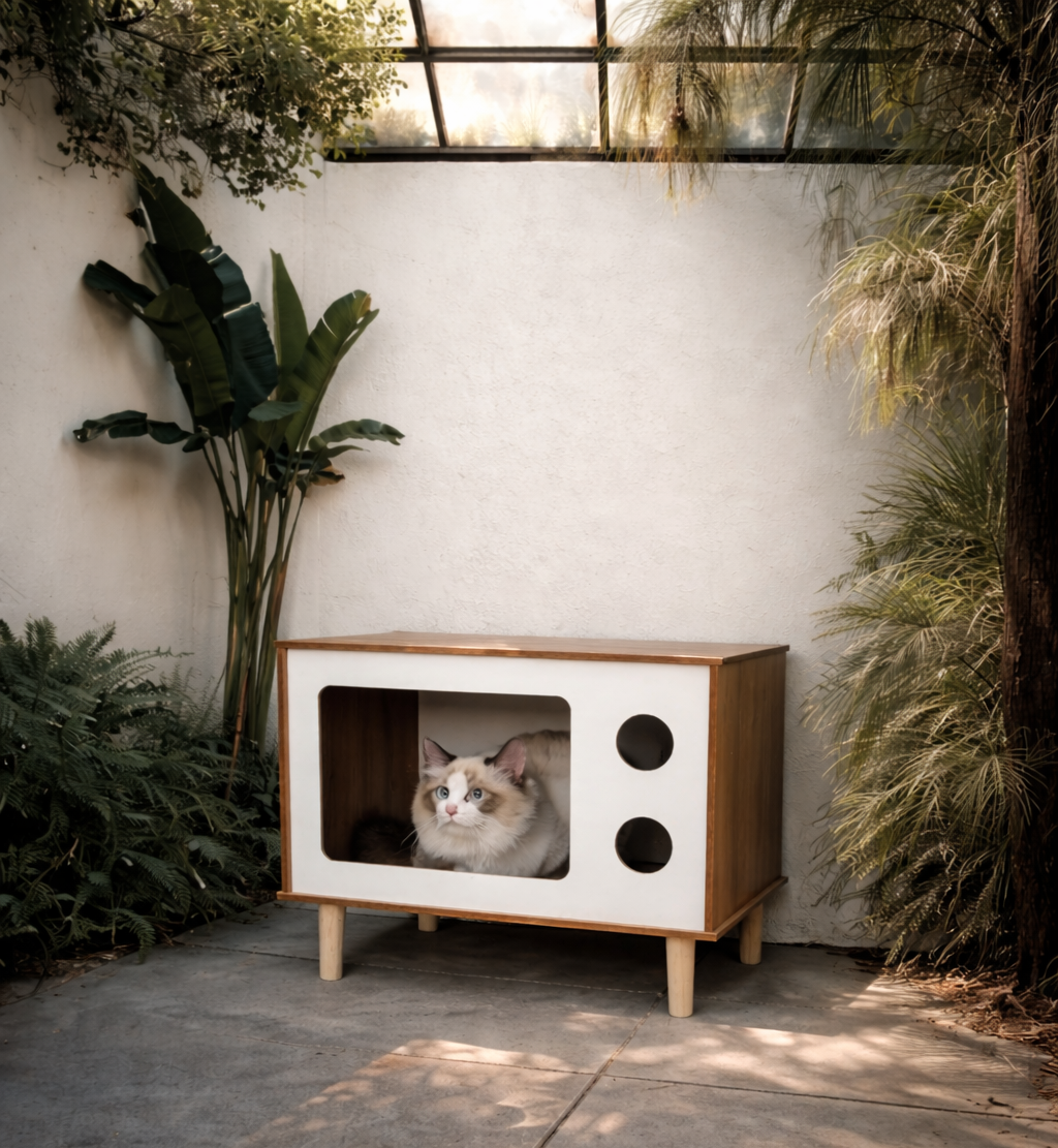 Mesita Nórdica con Casita para Perro | Diseño Retro Pet-Friendly