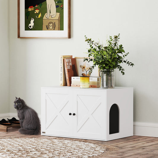Mueble Arenero para Gatos con Puerta de Granero – Diseño Minimalista Blanco