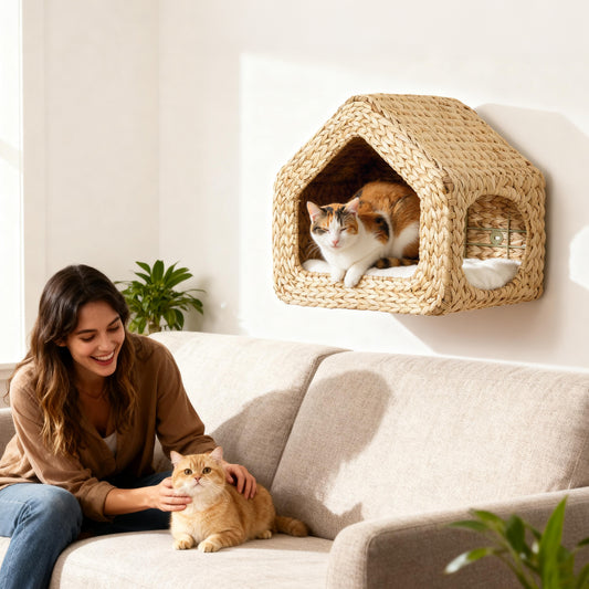 Casita de Pared para Gatos – Diseño Natural en Mimbre con Cojín
