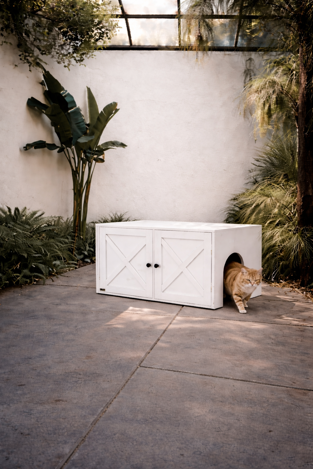 Mueble Arenero para Gatos con Puerta de Granero – Diseño Minimalista Blanco