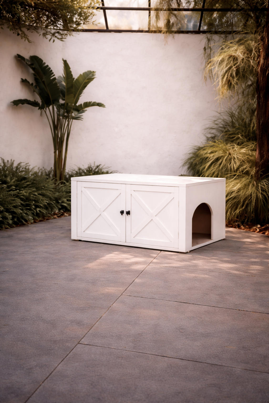 Mueble Arenero para Gatos con Puerta de Granero – Diseño Minimalista Blanco