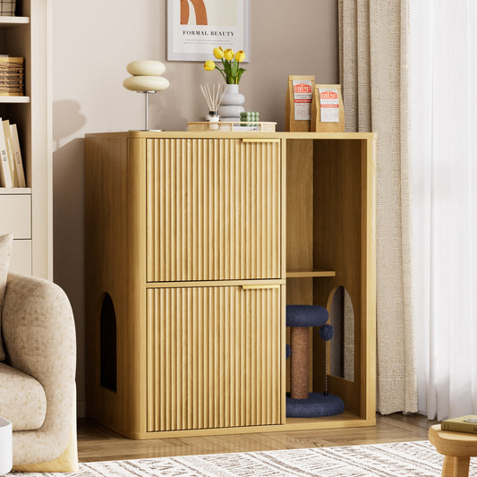 Mueble Arenero para Gatos con Árbol Integrado - Madera Natural